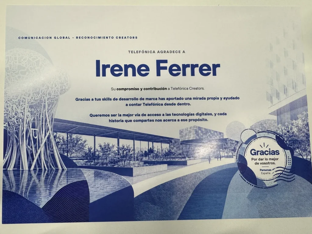Diploma de Comunicación Global de Telefónica a Irene Ferrer por su compromiso y contribución a Telefónica Creators 2026.